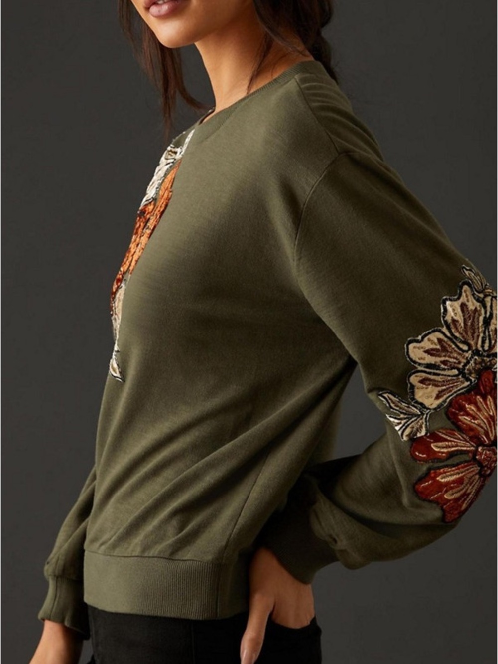 Anthropologie Floral Appliqué Sweatshirt Size S Green Floral - Picture 4 of 6